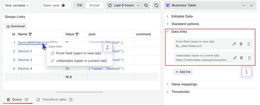 The Business Table panel supports the Data links feature.