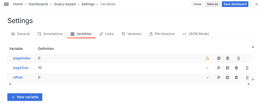 All dashboard variables that you ever might need to configure the Query pagination mode.