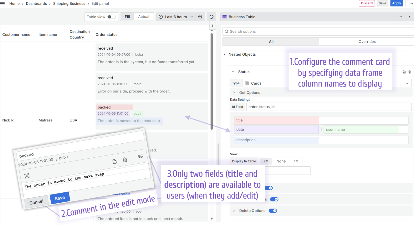 Configure fields to display on a comment card.