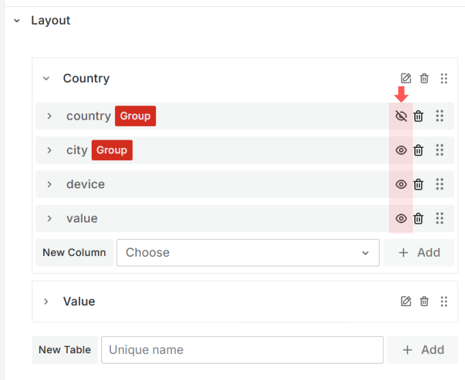 Hide and show columns in the Business Table panel.