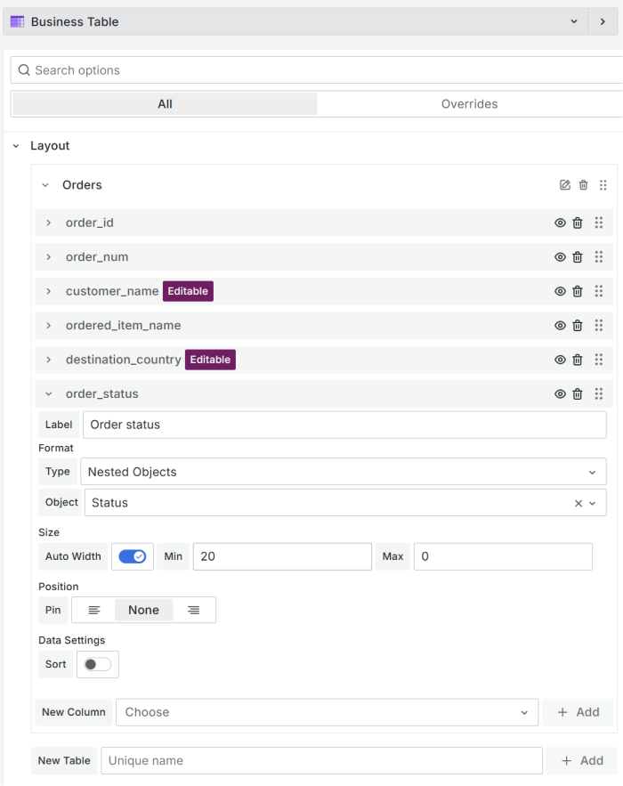 Add and configure the column with nested objects/comments in the Layout category.