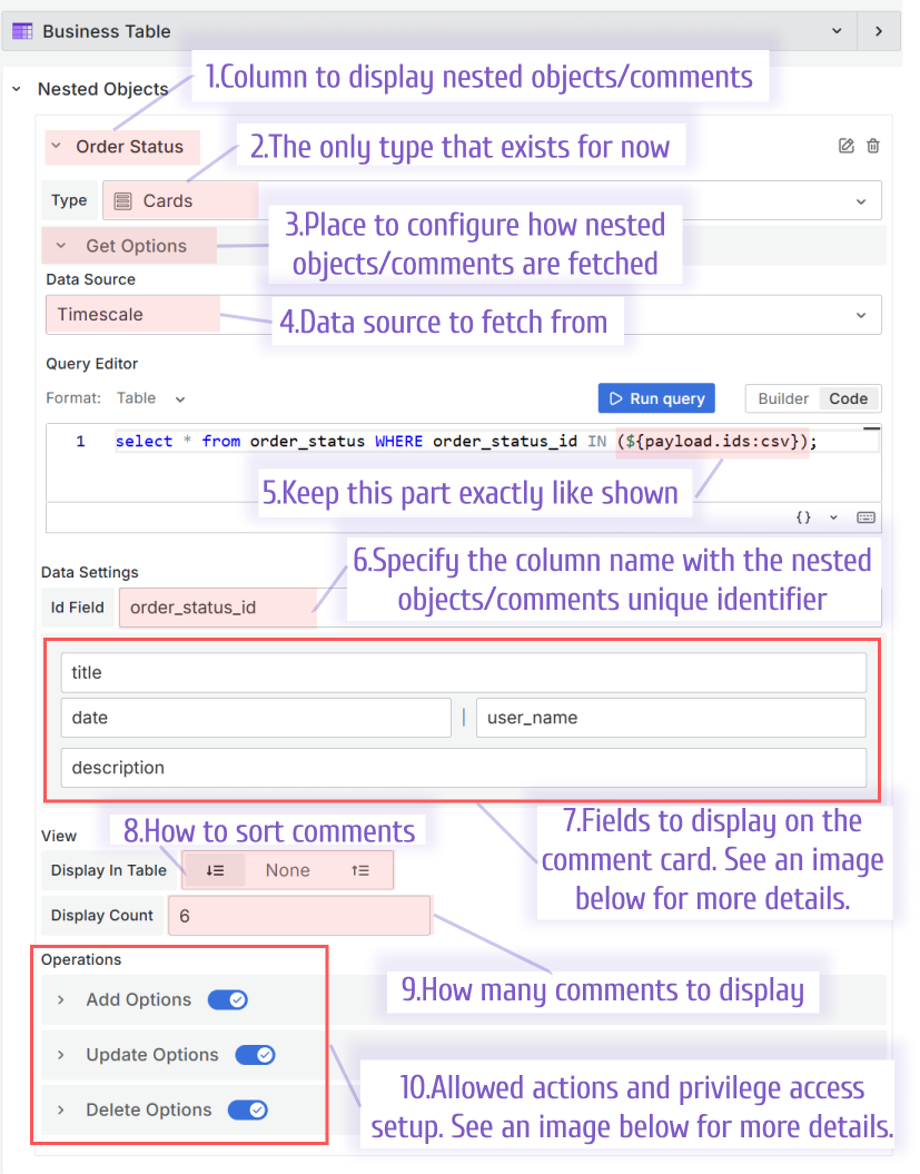 Configure a column in the Nested objects category.