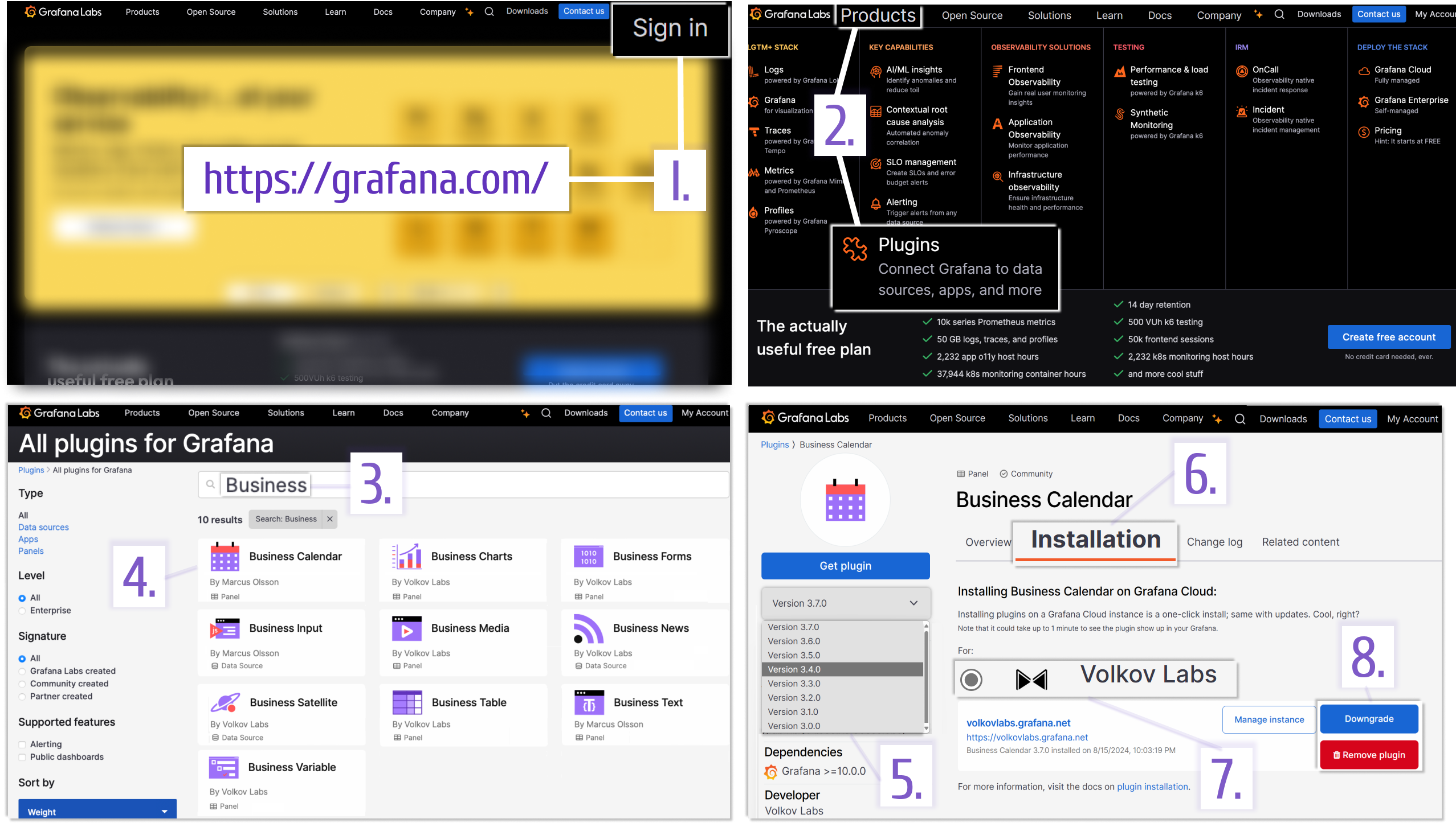 Plugin installation in the Grafana cloud account through the Grafana web-site.