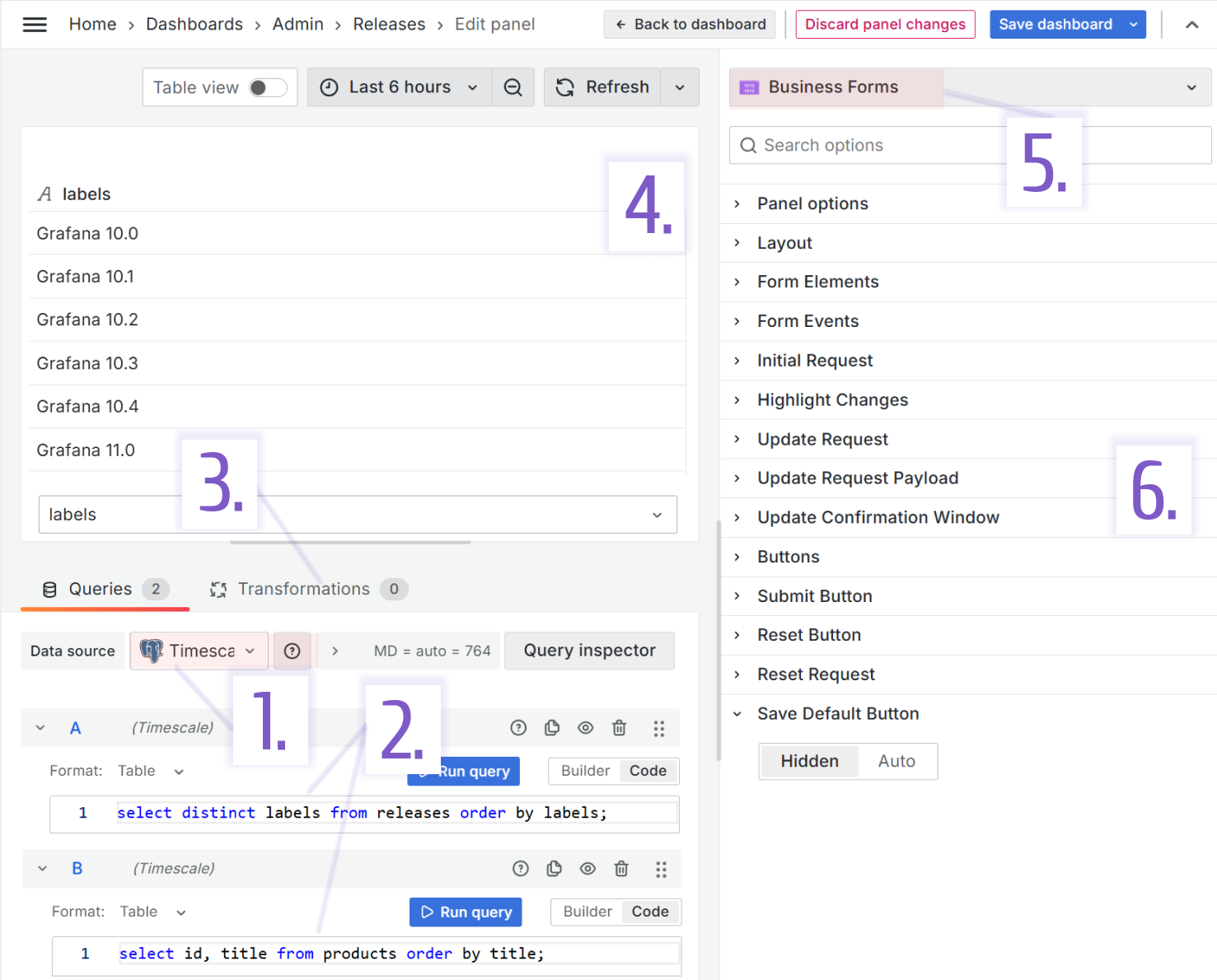 Release data entry form (Business Forms) panel configuration.