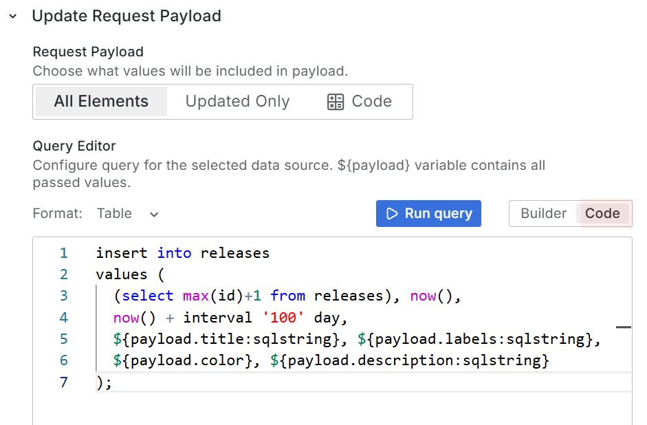 Update Request Payload configuration.