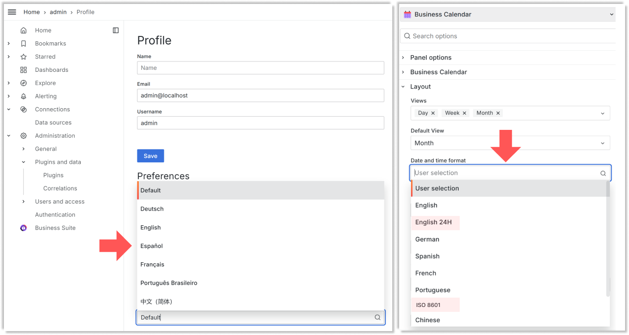 The Business Calendar panel can override the Grafana user profile language/datetime setting.