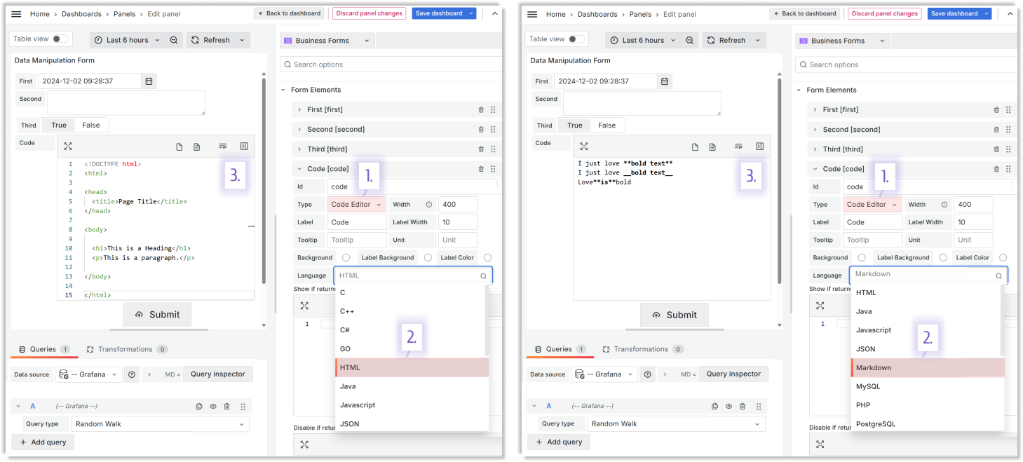 HTML and Markdown are two new types for the Language parameter of the Code Editor type.