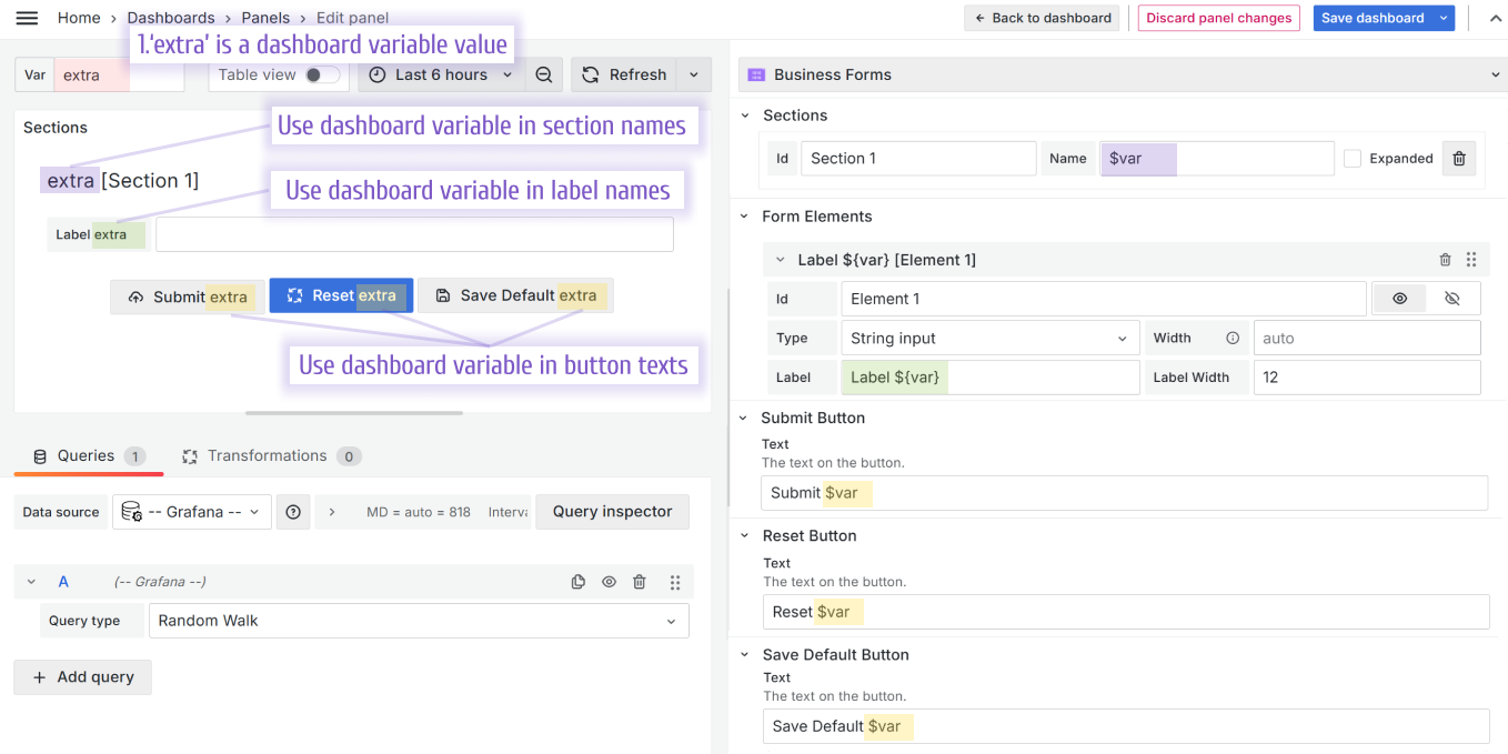 Use dashboard variables in the sections, labels, and button texts.