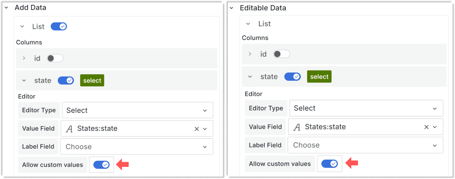 Allow custom values parameter in the Add data and Editable data for the select type column.