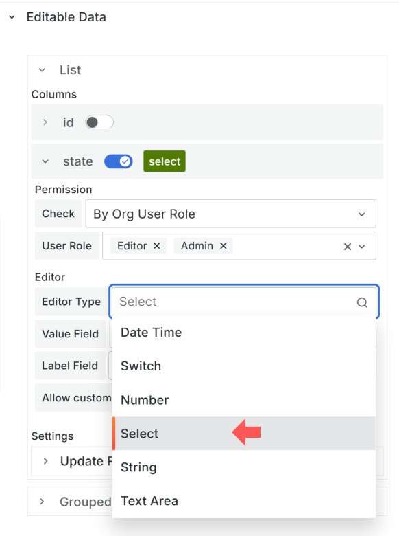 The Select is one of the types that you can use to add or edit a column value.