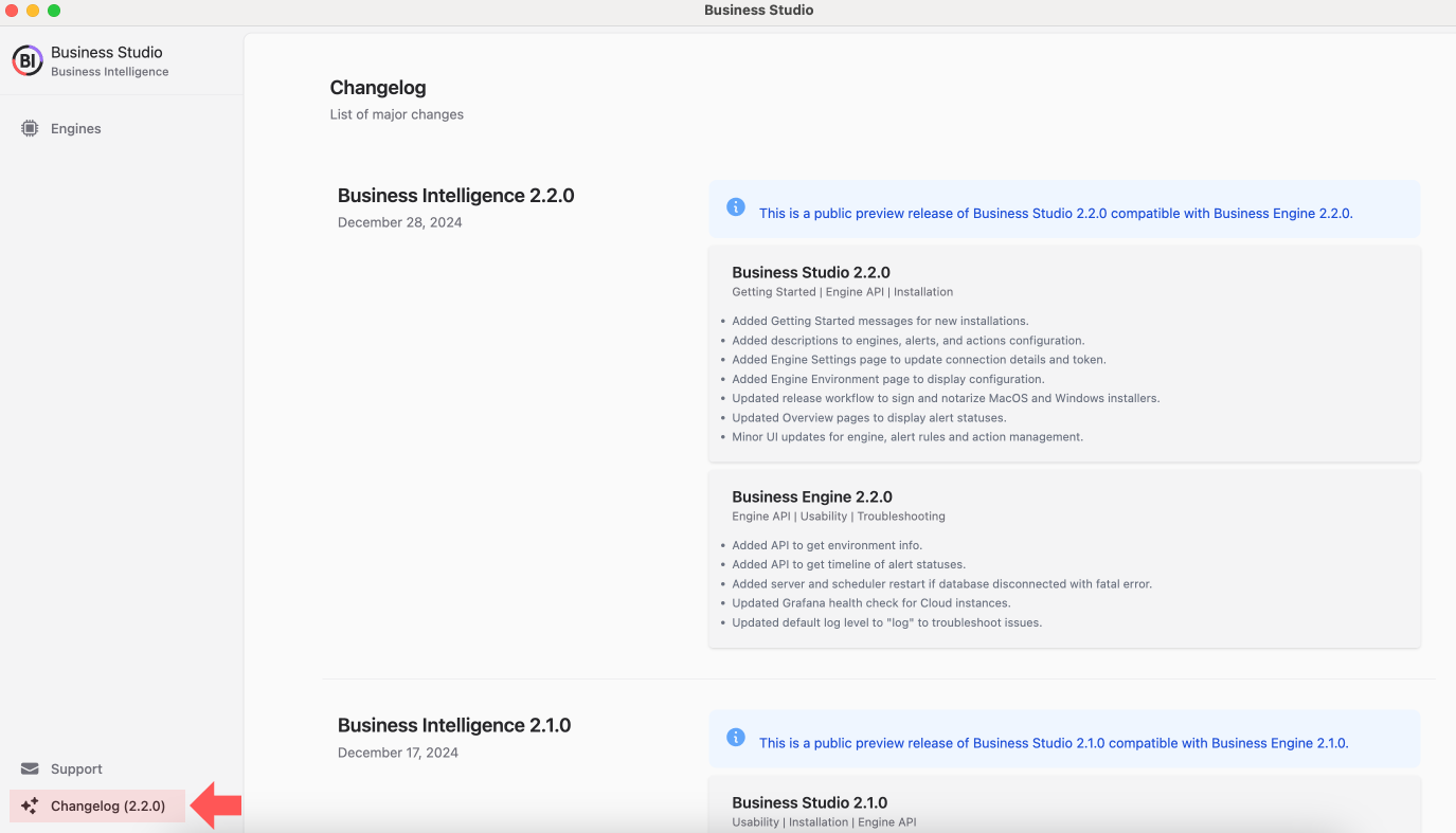 Changelog menu in the Business Studio.