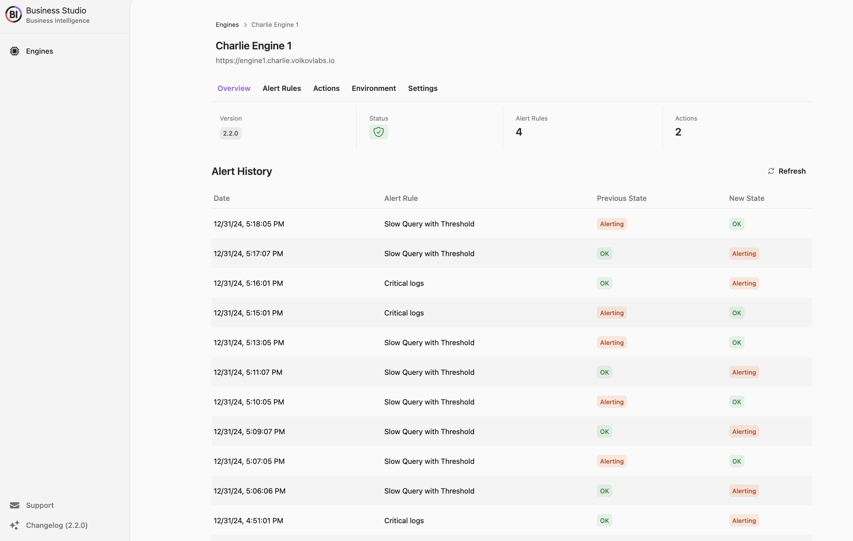 Business Engine Overview page with Alert History.