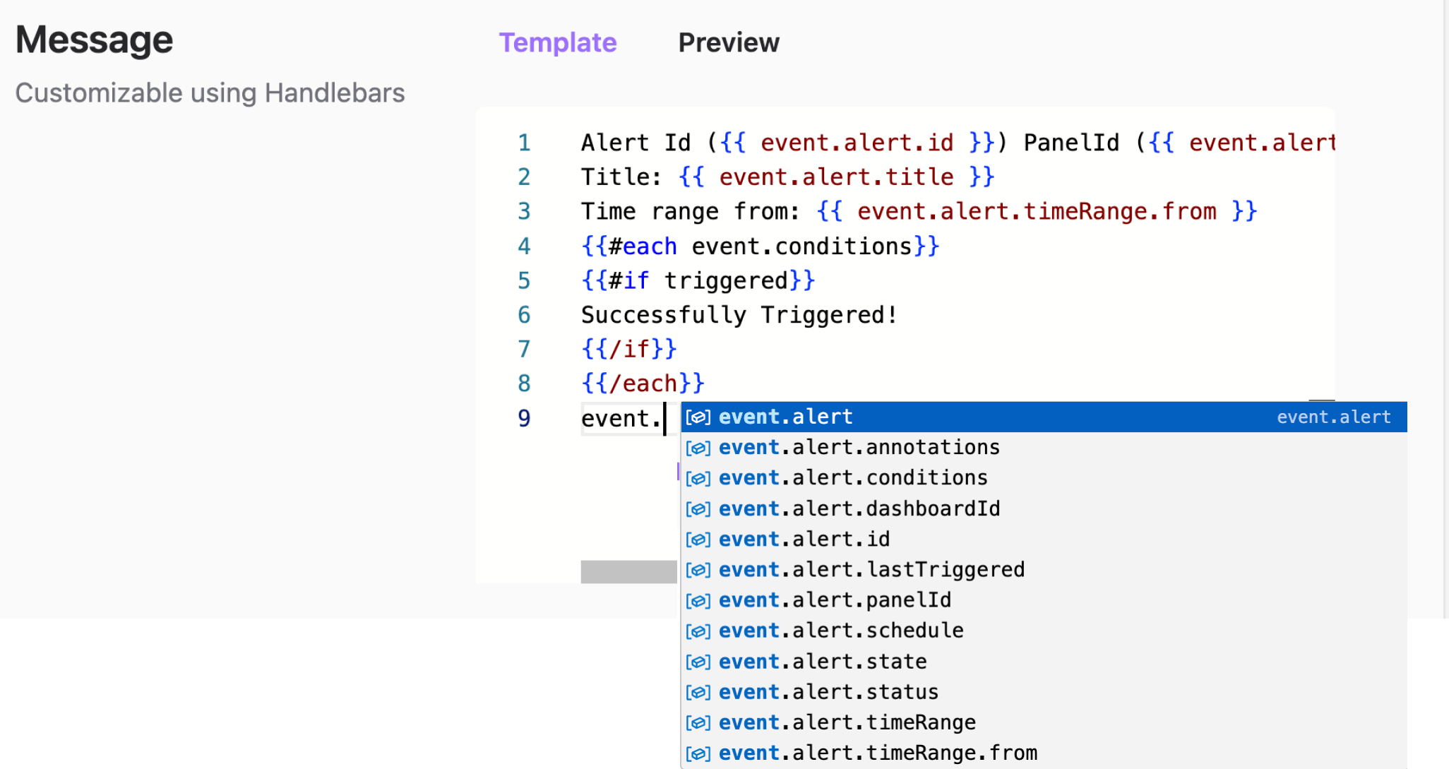 Prompt example in the Monaco code editor used for the action message creation.