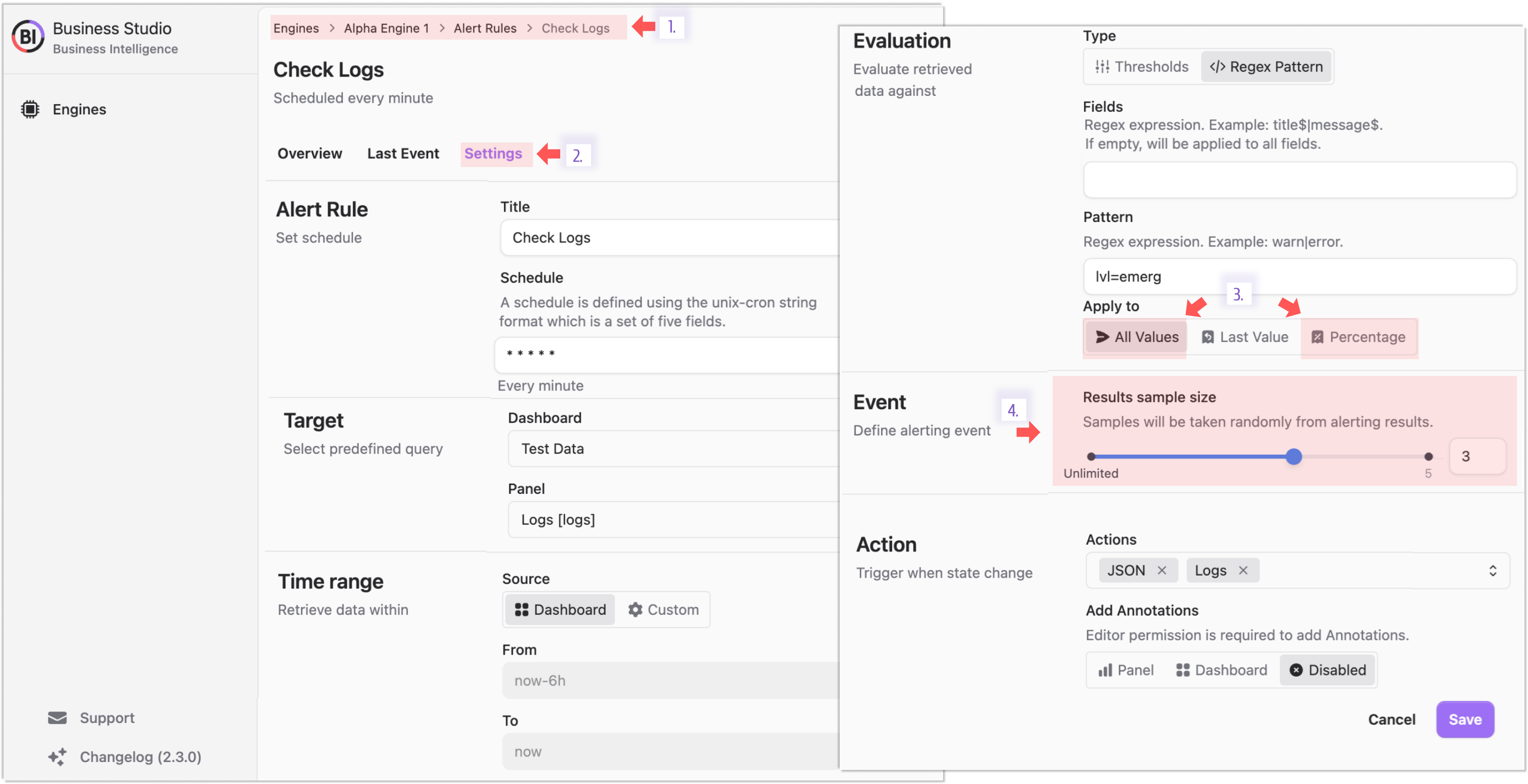 Results sample size parameter for an alert rule in the Business Studio.