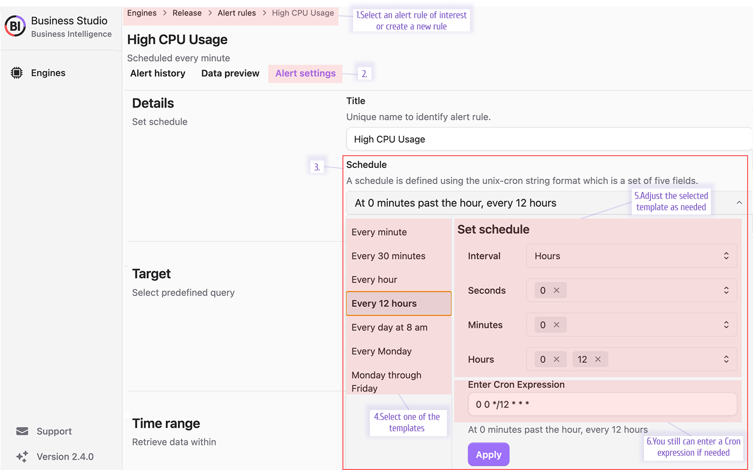 Simplified schedule entry for an alert rules creation.