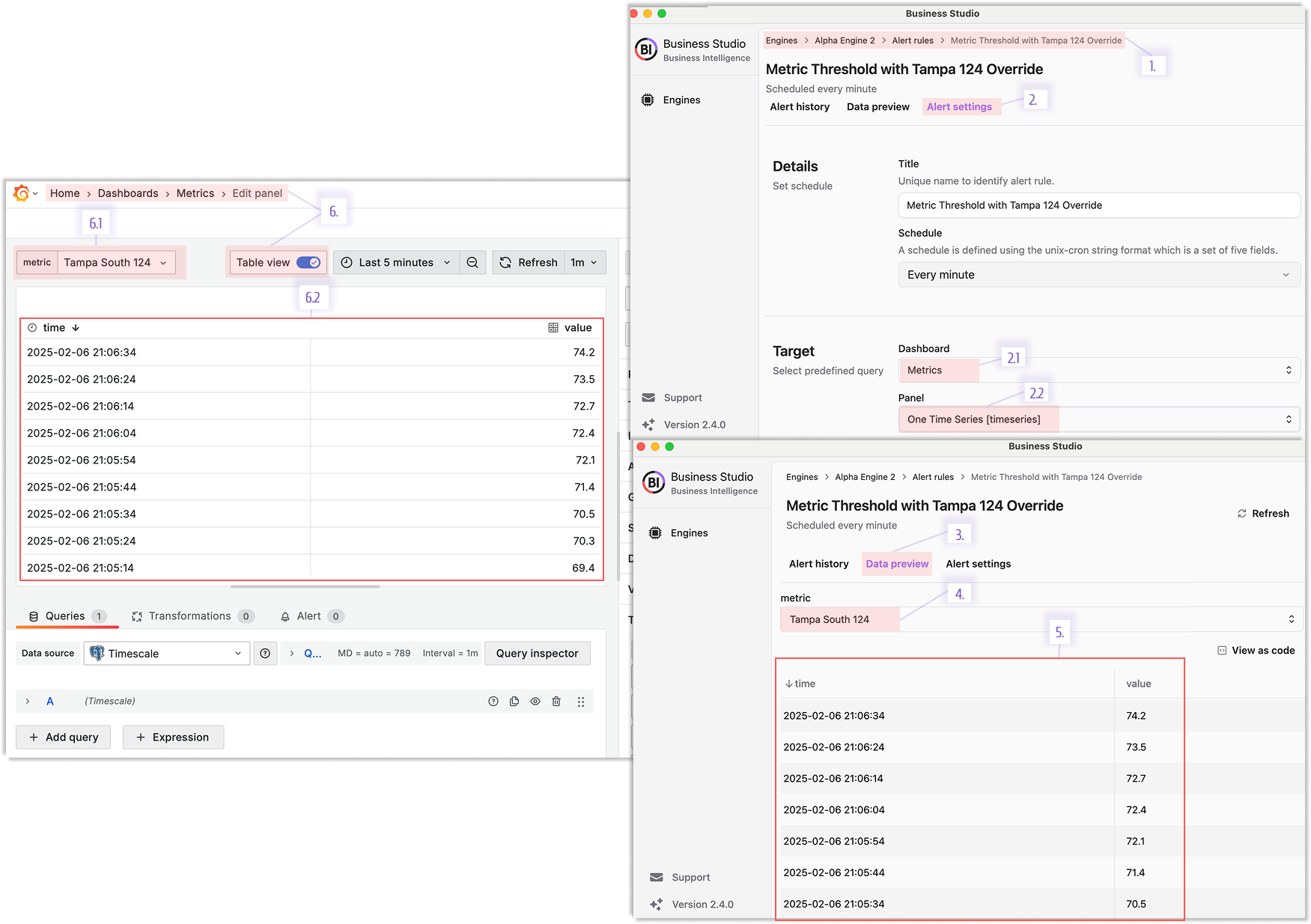 Data preview page to review Grafana data frames in the Business Studio.