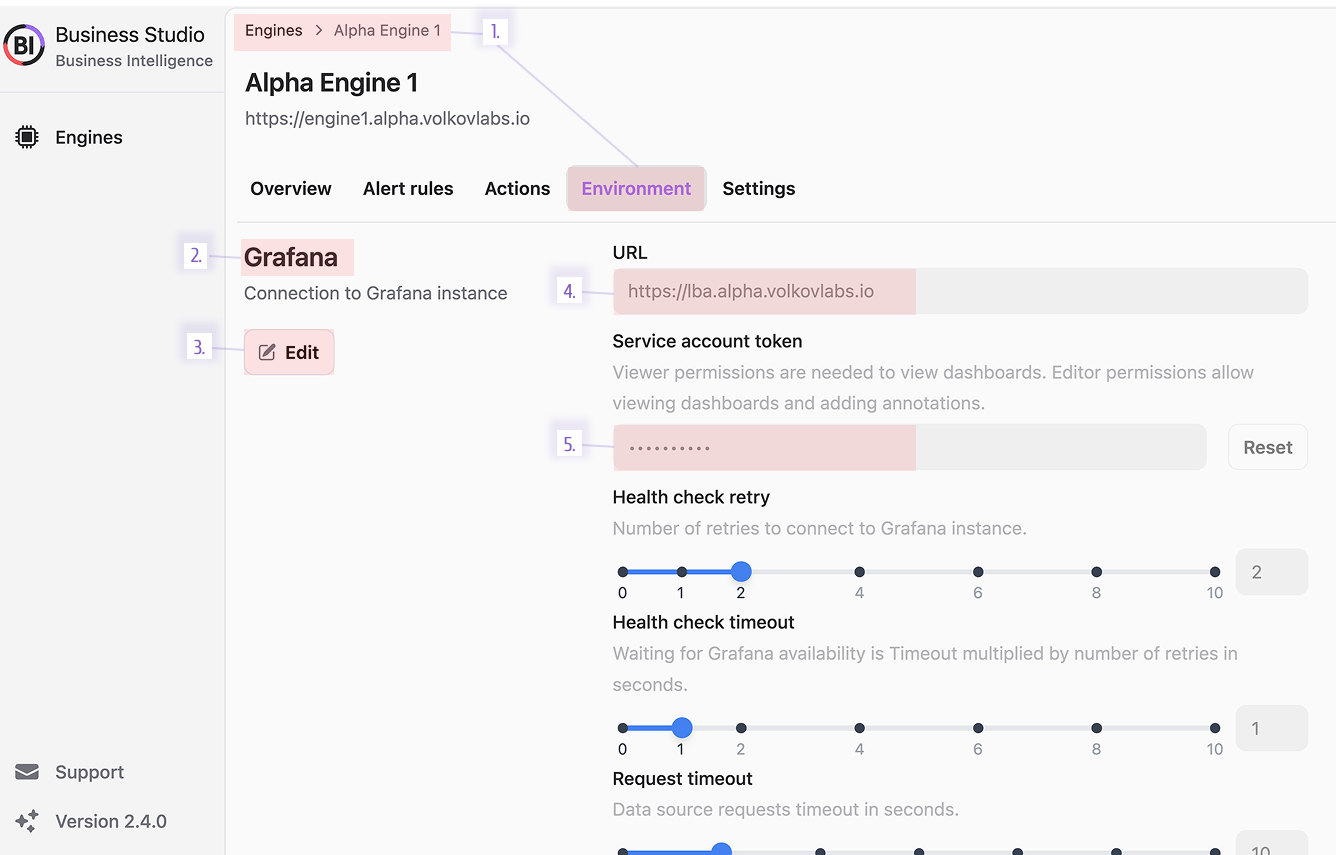 Connect a Business Engine to Grafana instance via Business Studio.