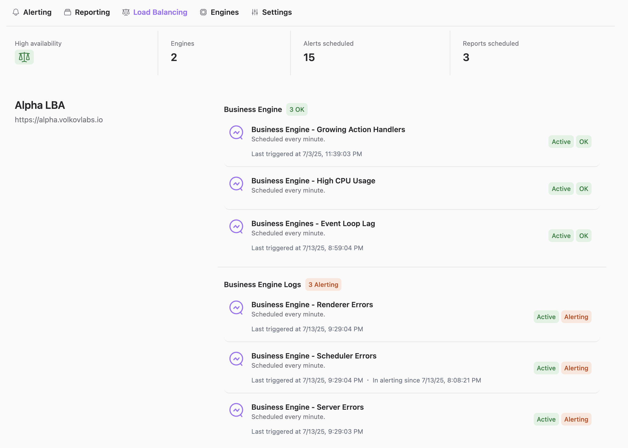 Load balancing page for the Alpha cluster.