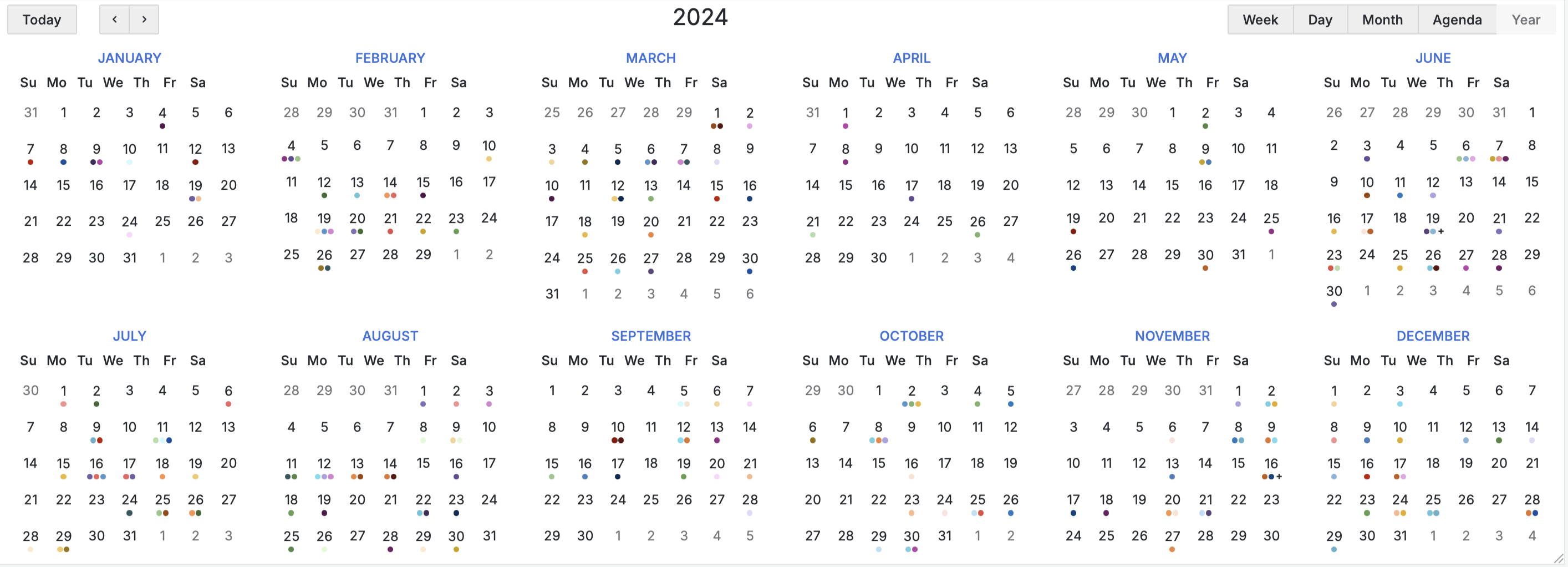 Business Calendar in the year layout. Every dot is a plugin release.