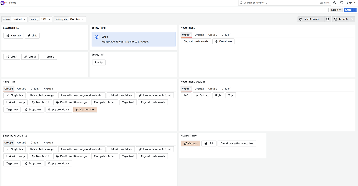The Business Links panel supports groups, dropdown and external links in Grafana.
