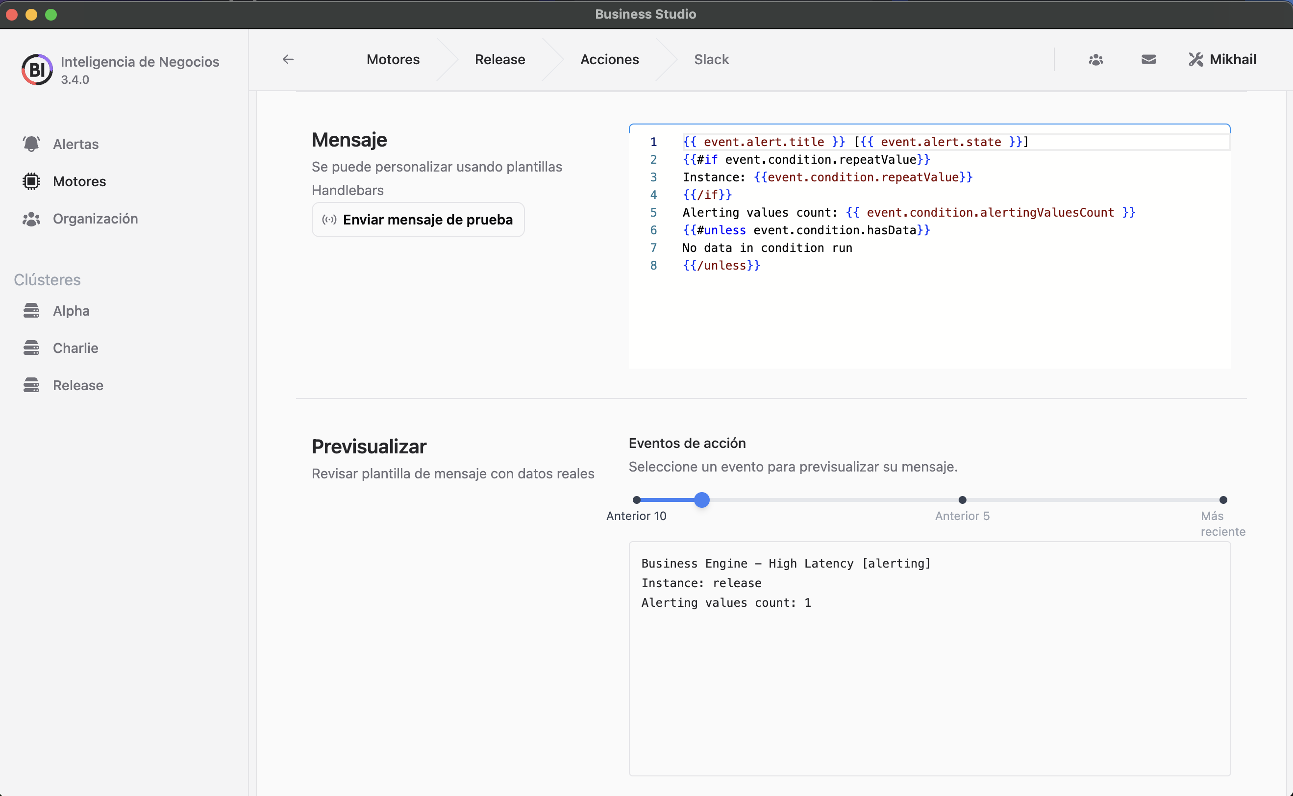 Action Settings with Handlebars and Preview in Business Studio (Spanish).