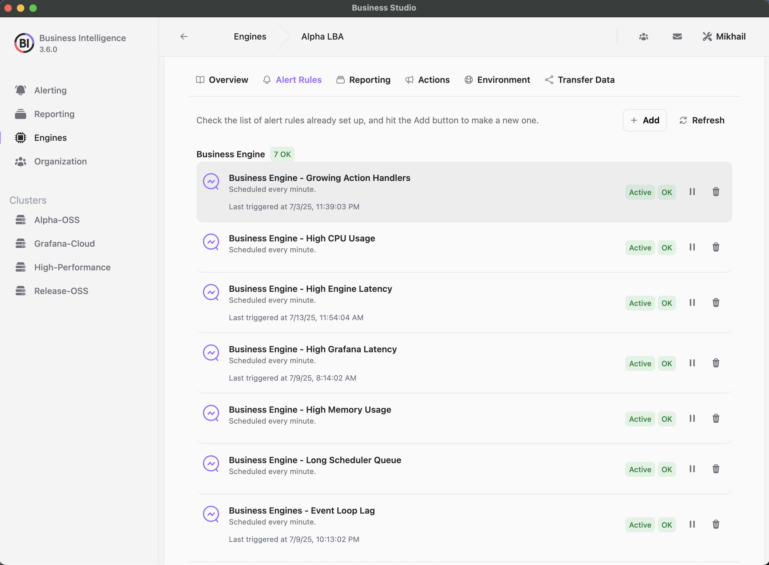 Predefined Alert Rules to monitor Business Engines performance.