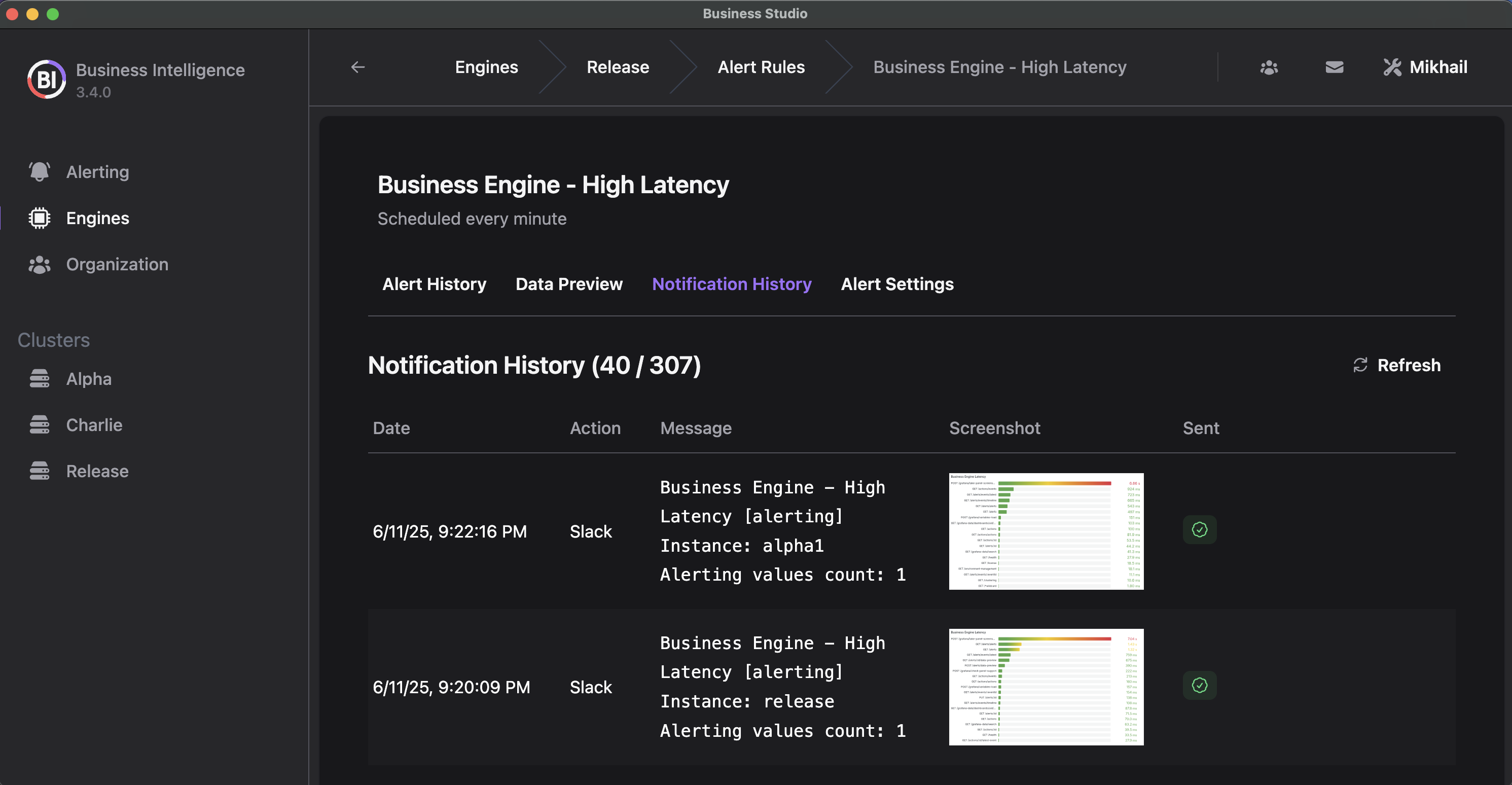 Notification History for Alerting Events in Business Studio.