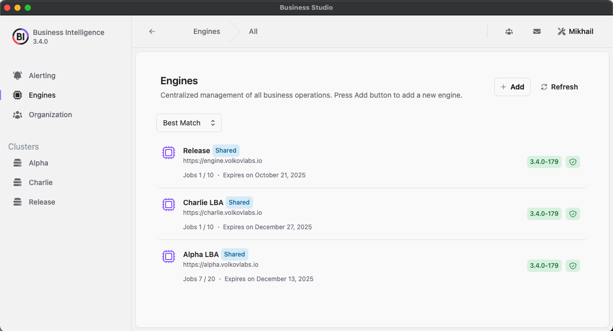 Business Engines configuration shared within an organization using Google Firebase integration.