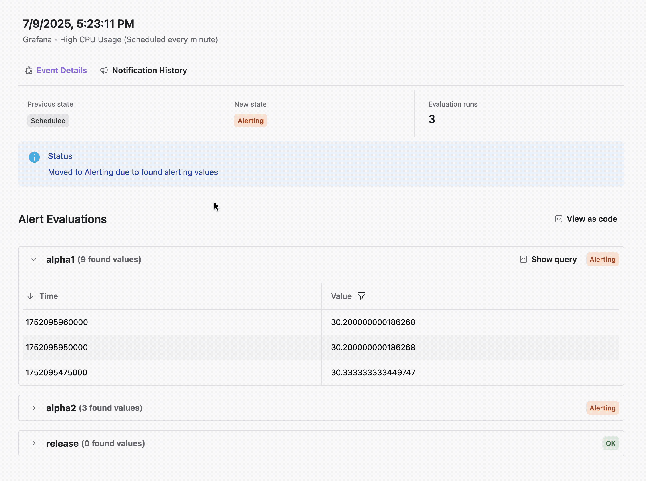Rendered Panel Screenshot for Alerting Events, viewable in Notification History.
