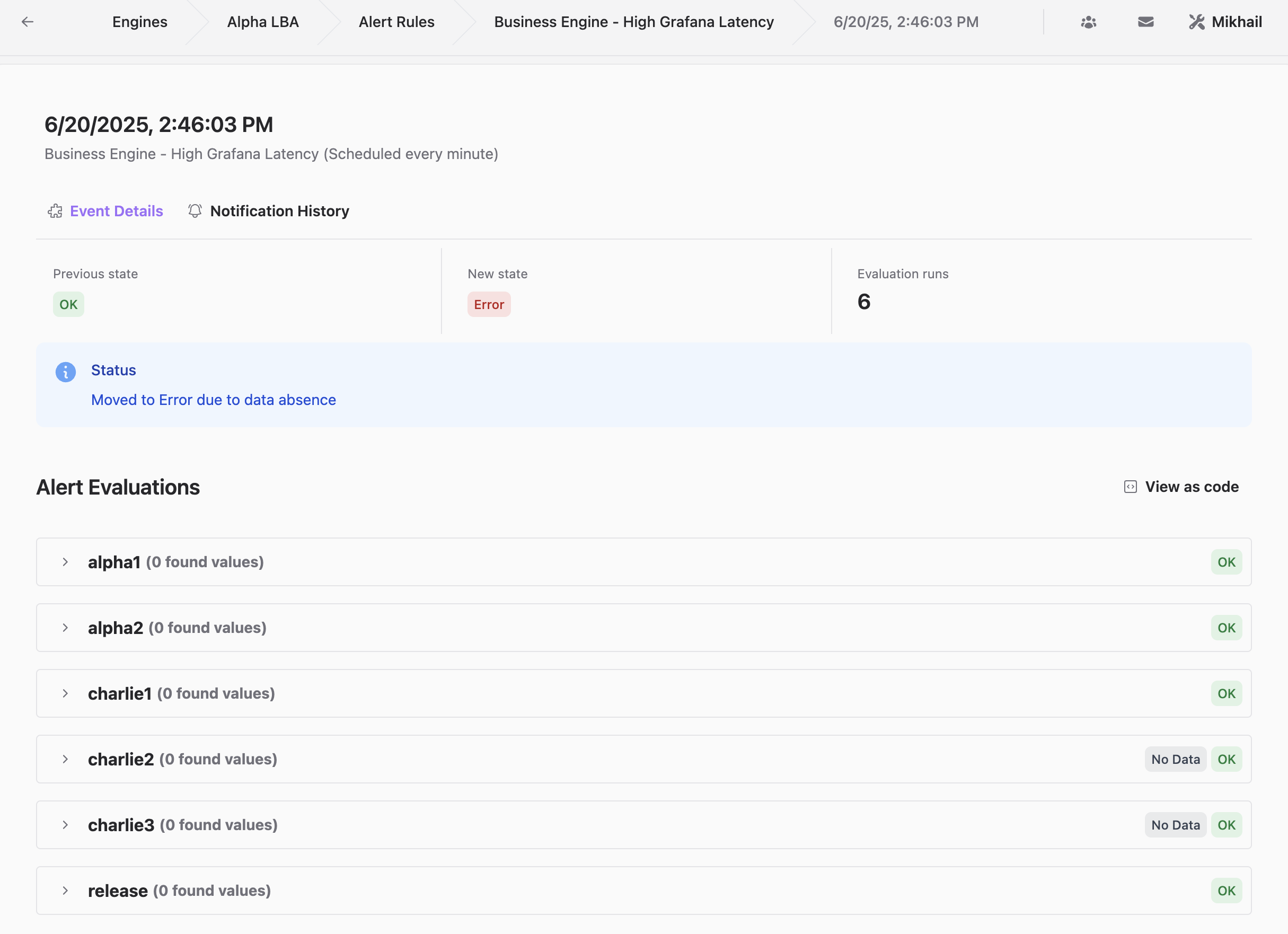 Alert in Error state with multiple No Data Alert Evaluations.