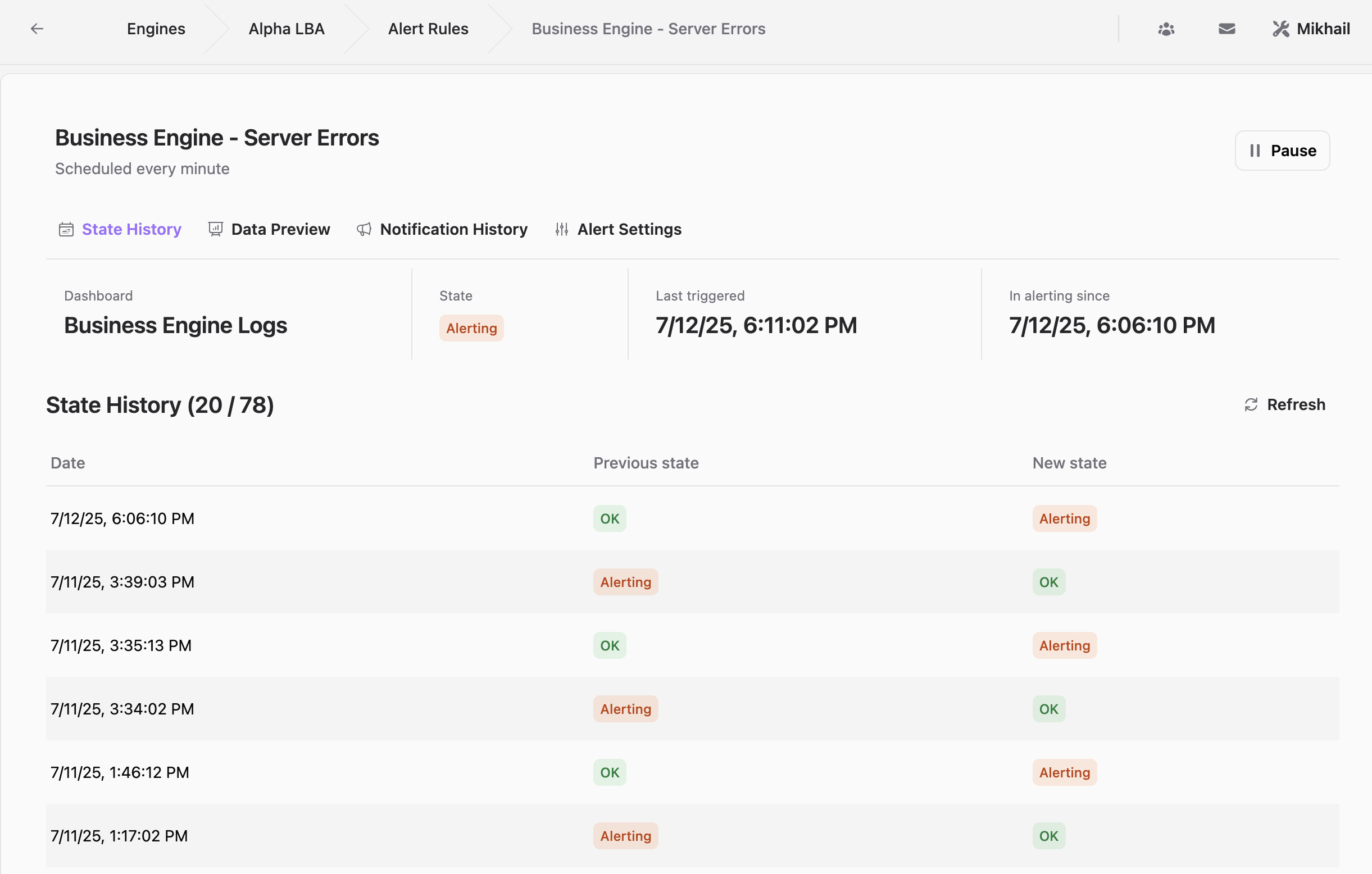 Alert states group similar events and display the latest details when selected.