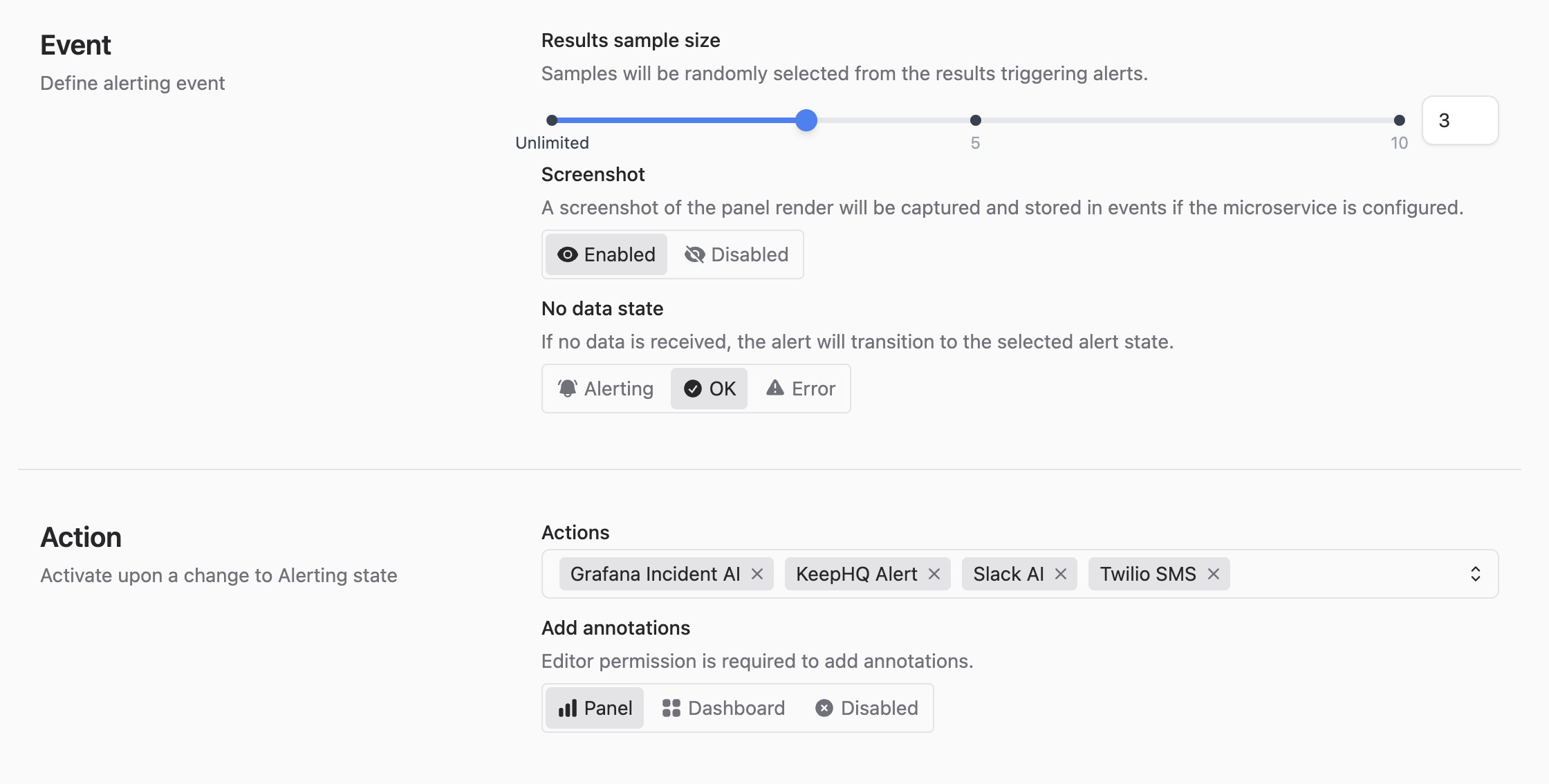 Alerts trigger all configured AI and non-AI actions with customized or generated messages.