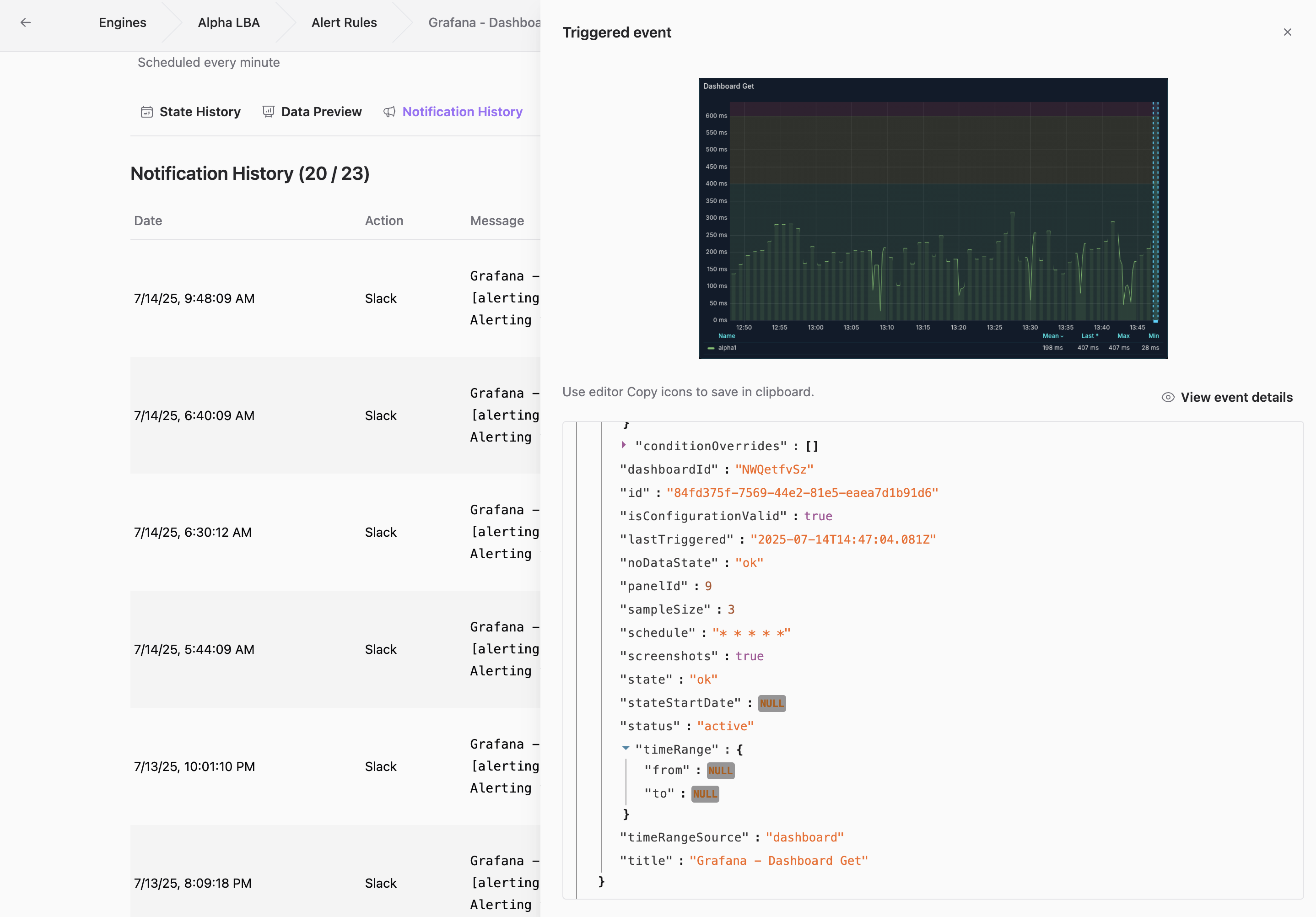AI-generated Slack notification for a High Engine Latency alert.