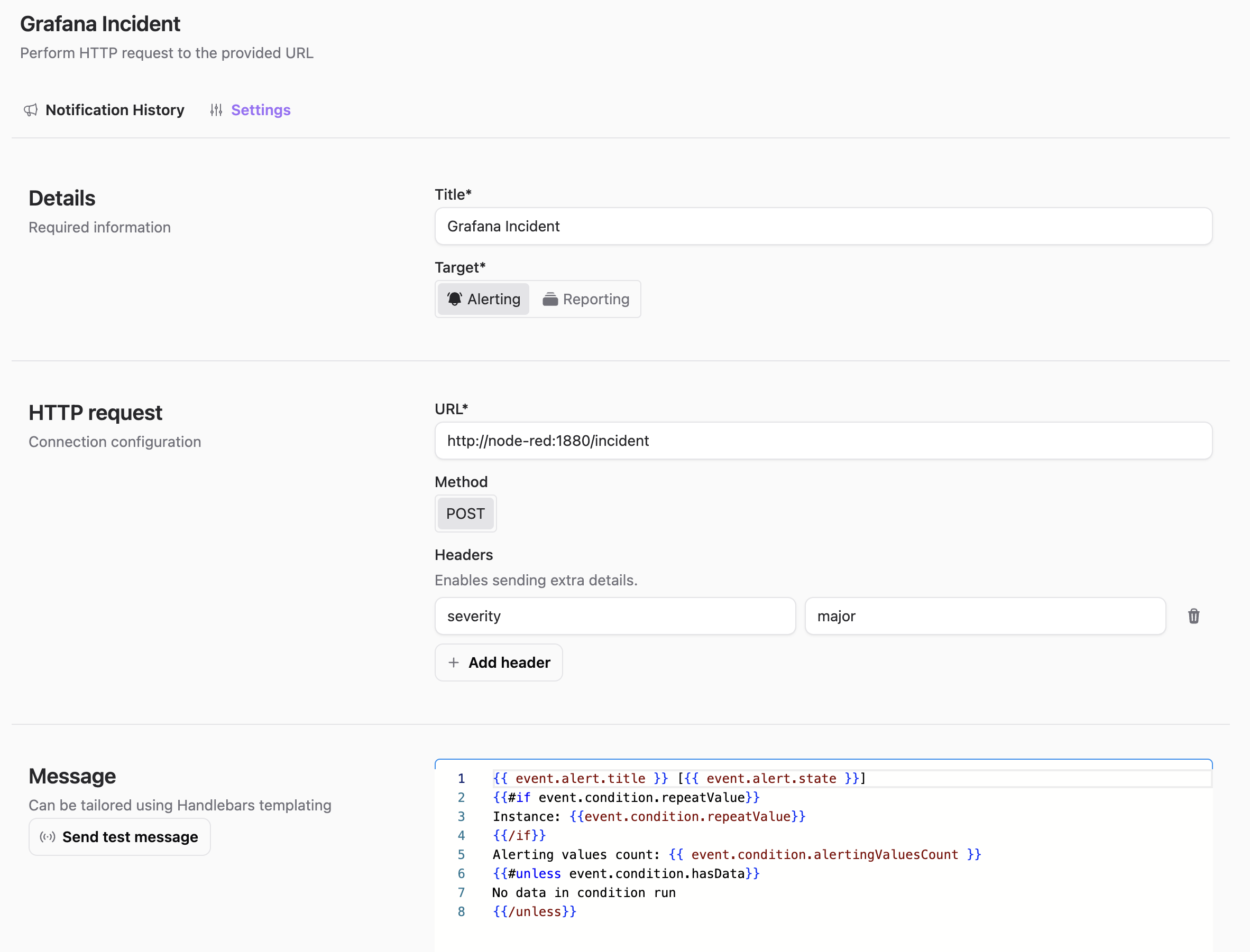 Grafana Incident Action settings configured in Business Studio.