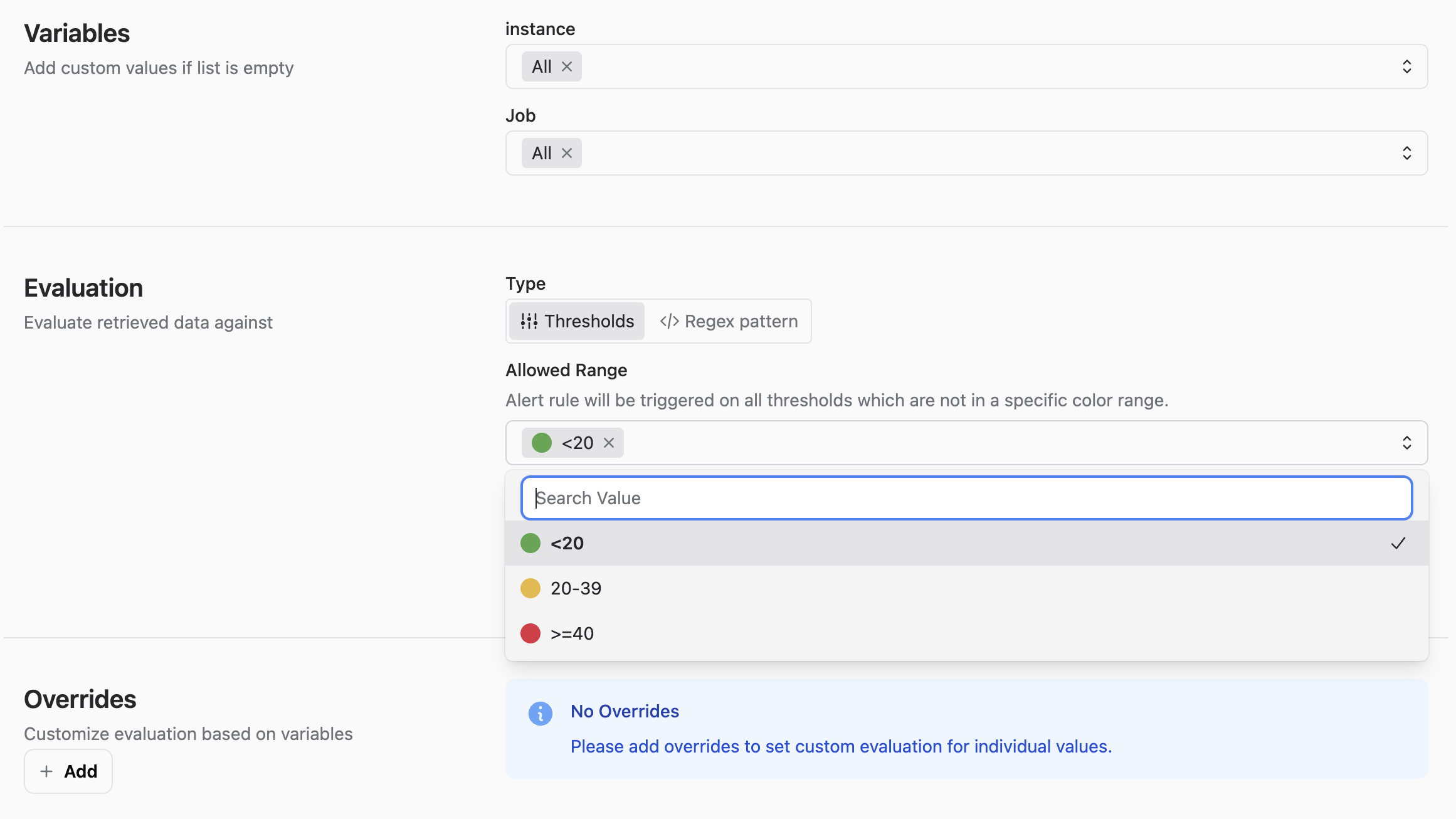 Thresholds defined in panel options to set allowed metric ranges.