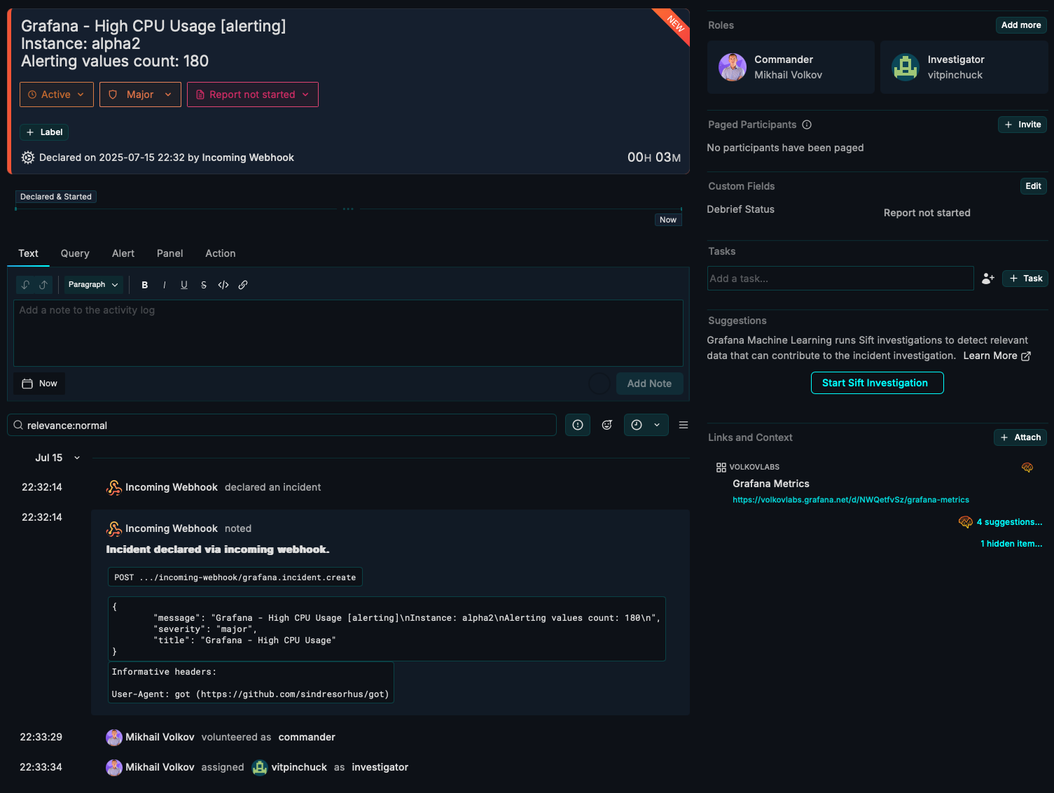 Declared Incident in Grafana Incident triggered via webhook.