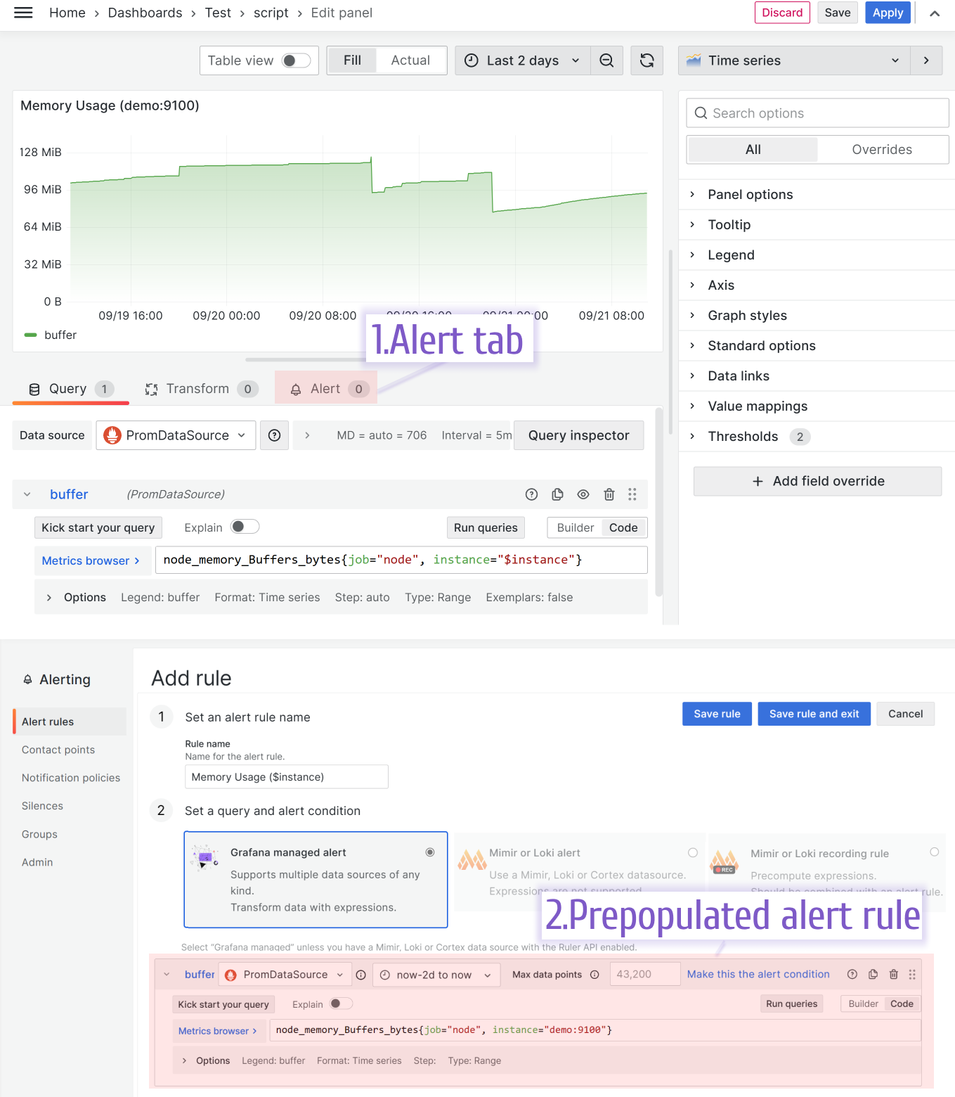 Alert rule is prepopulated if created from Edit mode.