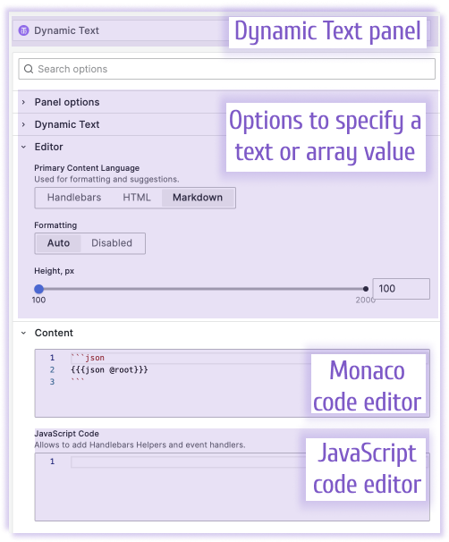 Examples of panel option types in the Dynamic Text panel.