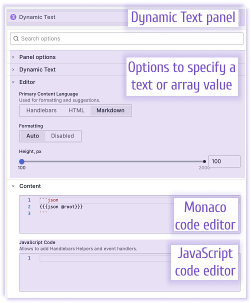 Examples of panel option types in the Business Text panel.