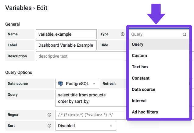 Different types of dashboard variables.