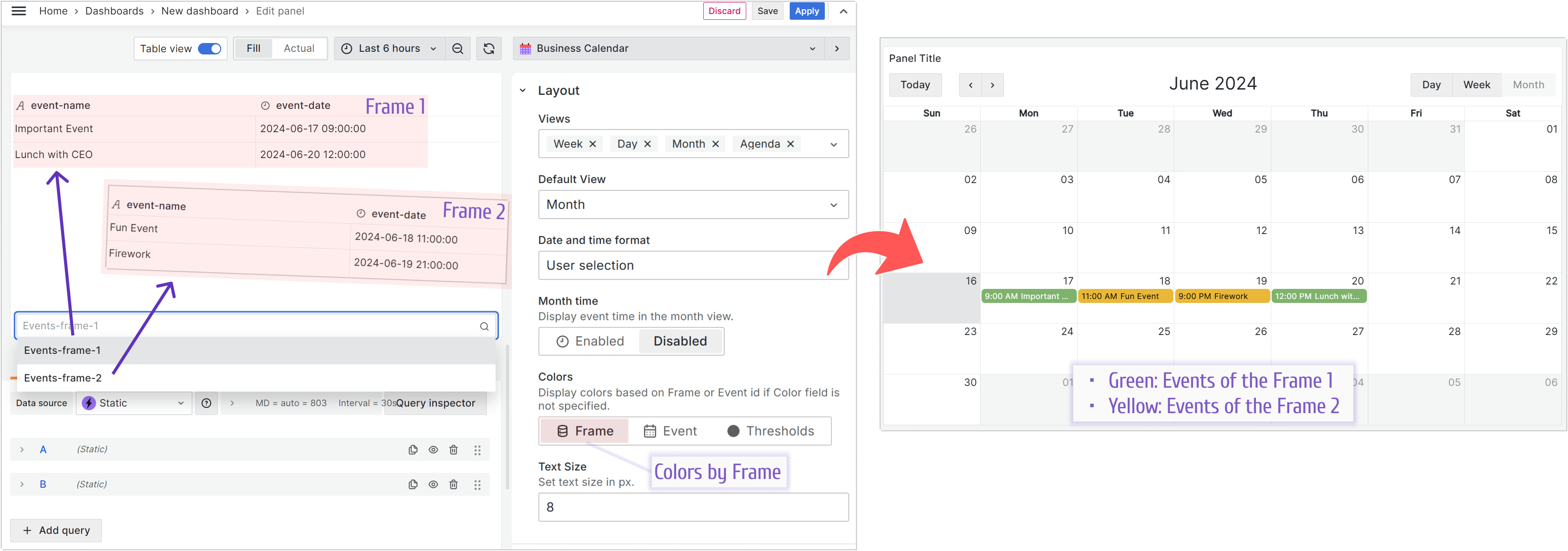 Select Frame to color events following their frame.