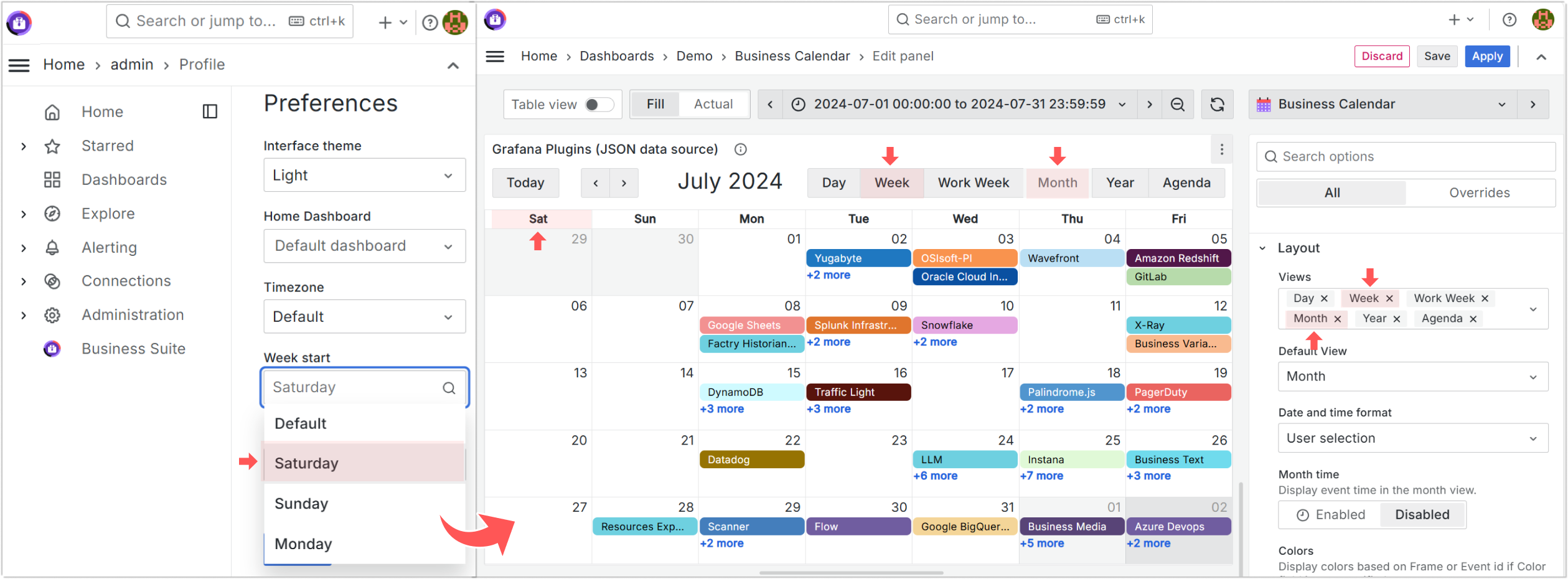 You can specify the first day of the week in the user or organization preferences.