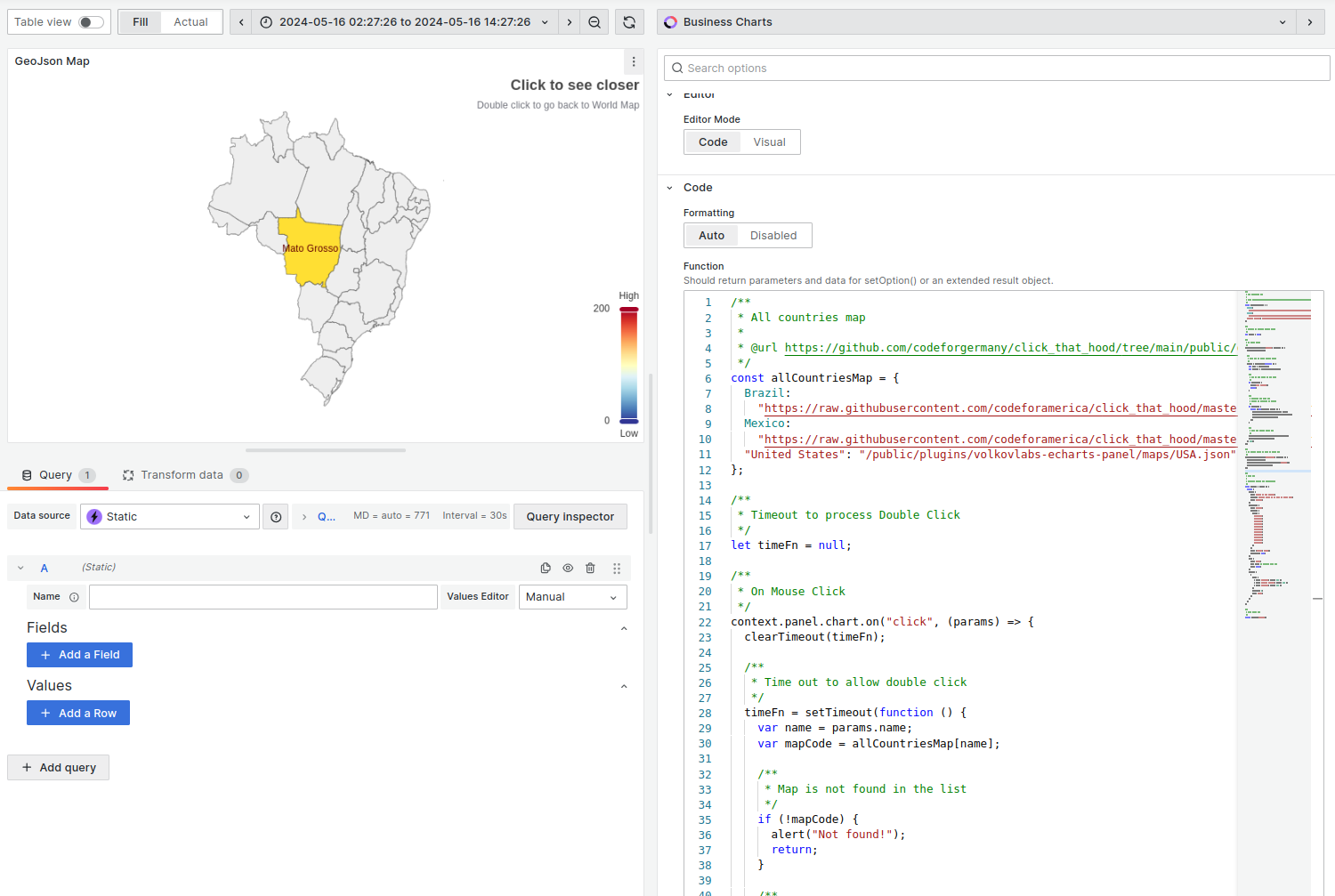 Switching between GeoJSON maps using event handlers.