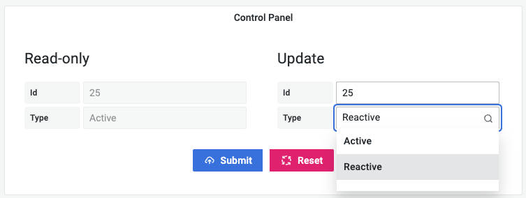 Control panel created with the Business Forms panel.