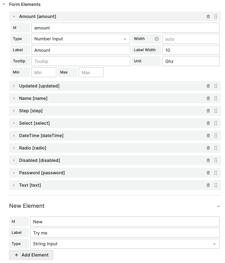 Form elements defined in Data Manipulation panel.