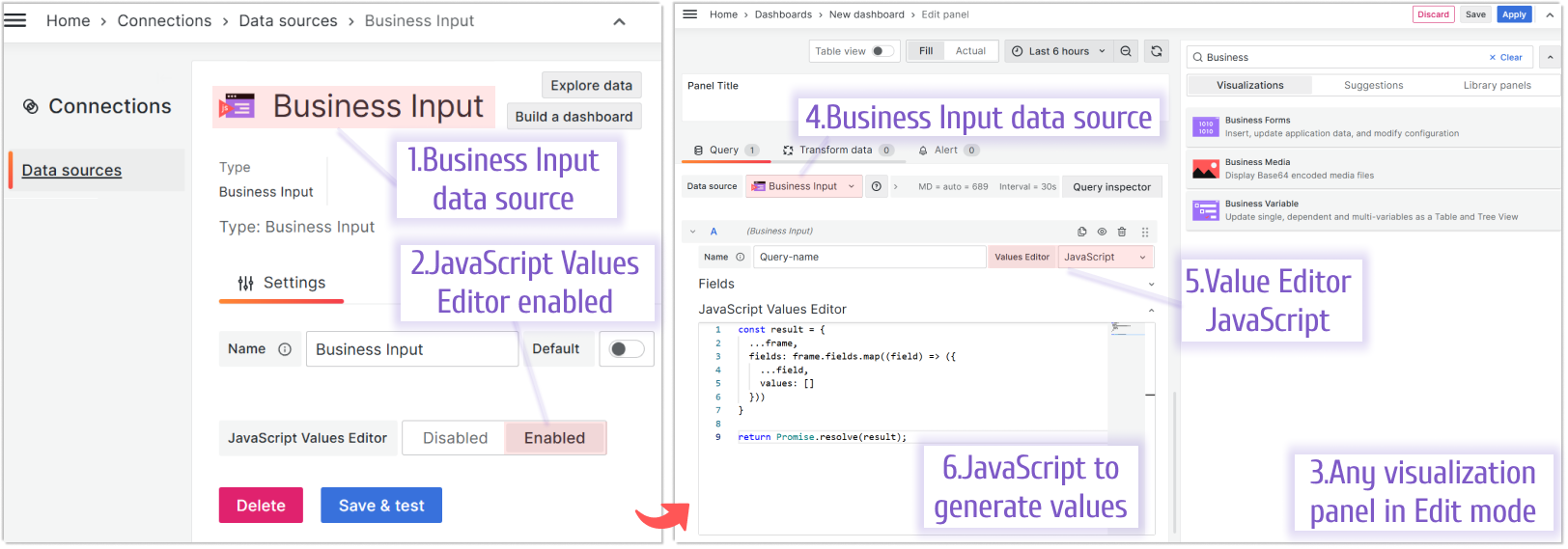 Enable JavaScript Values Editor to get access to JavaScript area.