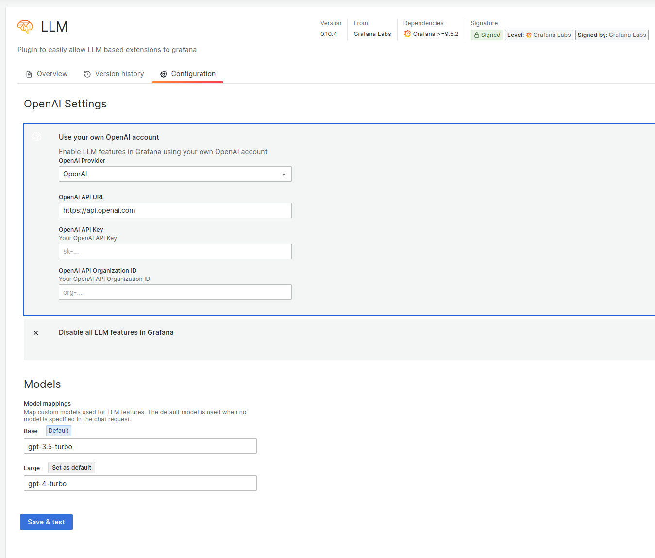 Configure LLM App plugin for Grafana to set API key and organization ID.