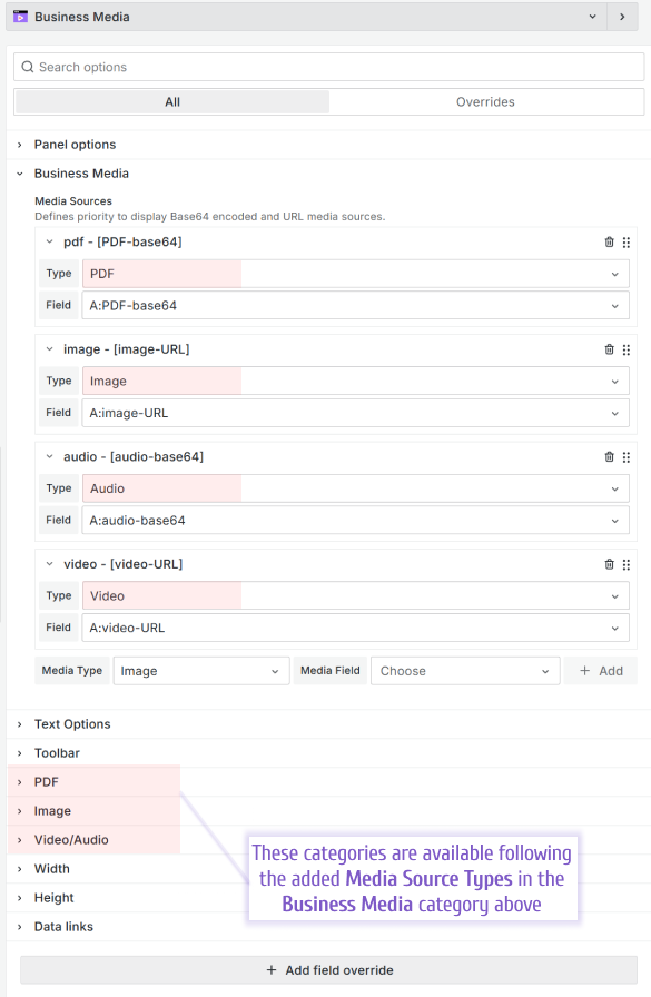 All the Business Media panel options.