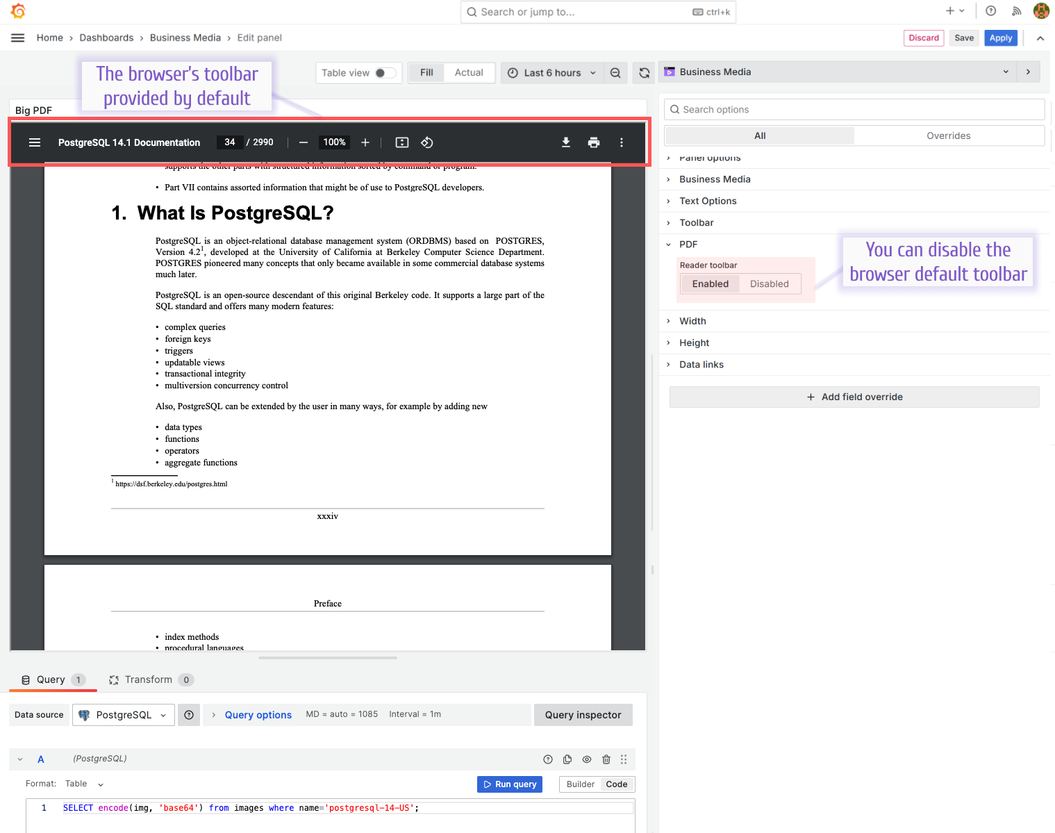 The Business Media panel provides an option to disable a browser's PDF toolbar.