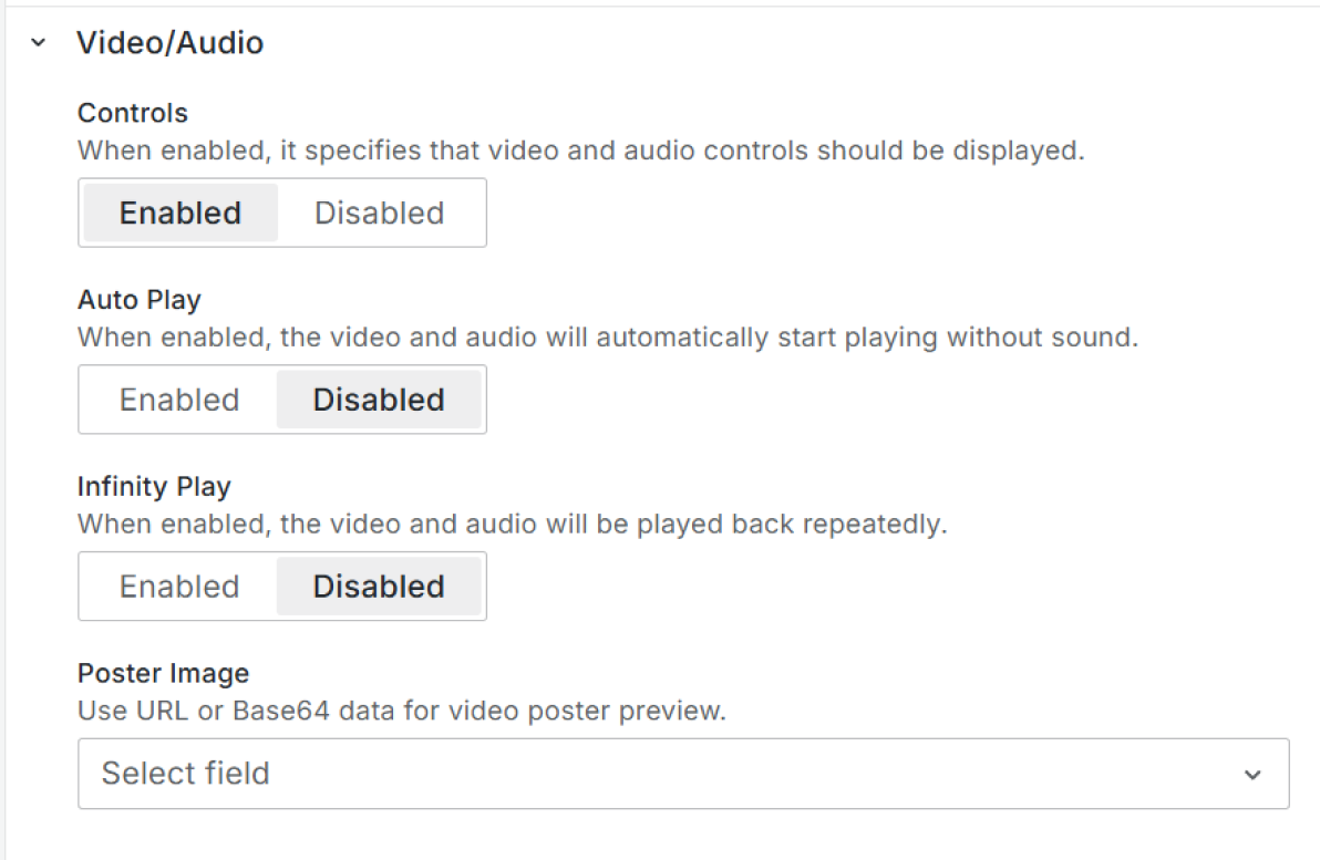 Parameters for video and audio files.